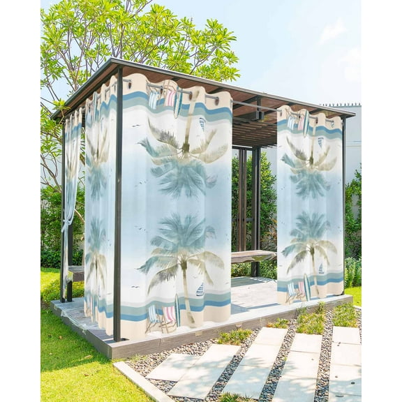 nqOlkjepod Outdoor Curtains for Patio Waterproof, Summer Beach Chair Outdoor Privacy Panels Grommet, Coastal Palm Trees Canoeing Blackout Outside Curtains for Porch/Cabana/Pergola 54"x84", 1 Panel