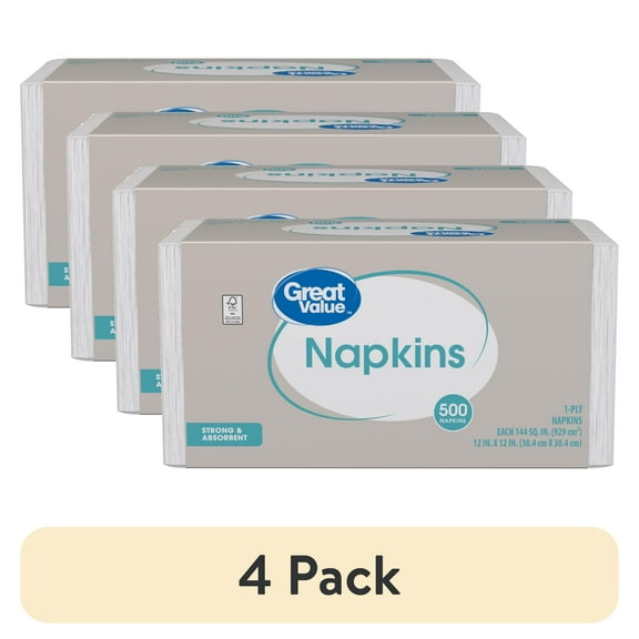 (4 pack) Great Value 12" x 12" White Disposable Paper Napkins, 500 Count