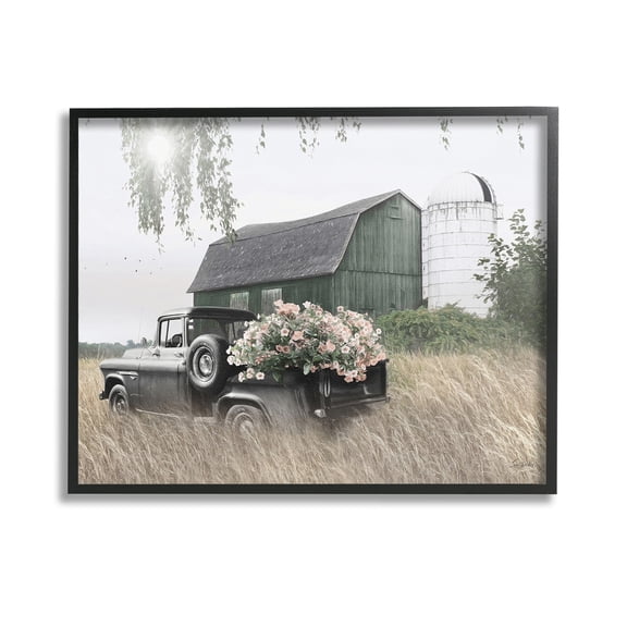 Stupell Industries Barn & Truck with Florals Landscape Photography Black Framed Art Print Wall Art, 14 x 11