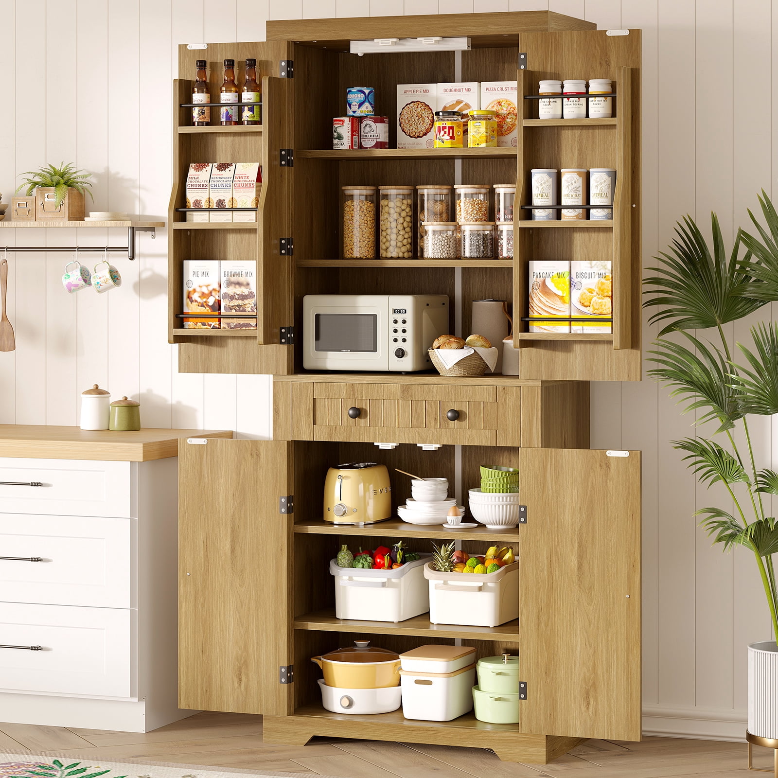 Bestier 72" Tall Kitchen Pantry Storage Cabinet with Doors and Shelves, Food Pantry Cabinet with Motion Sensor Light, Natural Oak