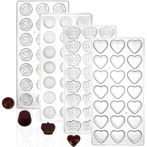 4 Pack 87 Grids Polycarbonate Chocolate Mold, Candy Making Mold, DIY Mold Cookie Tray for Mousse Jelly Candy Chocolate, Cup, Heart, Rose, Crown Shape