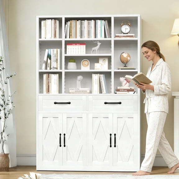 71" Tall Metal Bookcase Storage Cabinet with Doors 2 Drawers Adjustable Open Shelves for Home Office, Living Room, White