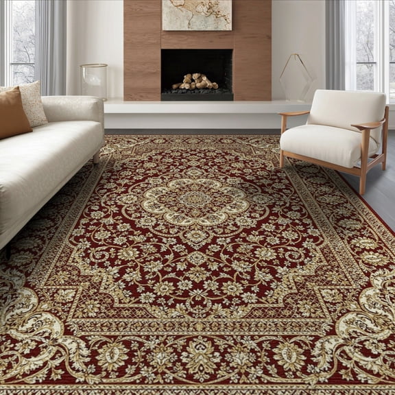ODIKA 8'x10' Washable Area Rug Non-Slip Chair-Friendly Mat Vintage Web Traditional Motif Decorative Carpect Deepburgundy for Dining Room, Large Office, Lounge