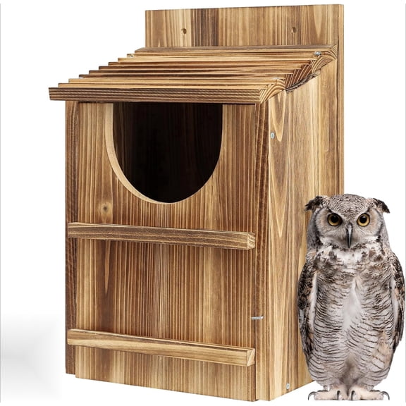 Durable Carbonized Cedar Owl House - 14.5×9×7.5 Inch Weather-Resistant Outdoor Owl Nesting Box with Natural Shavings, Quick Assembly, Bird Box Ideal for Wildlife Lovers