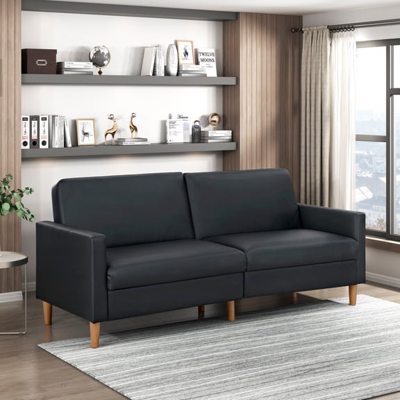 Miekor Furniture Comfort Sleeper Sofa Black Faux Leather Upholstery Modern Furniture Durable Plywood Frame Elegant Lounger 1pc MK2117