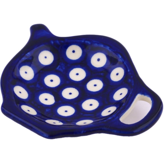 Polish Pottery 4¼-inch Tea Bag or Lemon Plate (Blue Eyed Peacock Theme) Hand Painted in Boleslawiec, Poland Certificate of Authenticity