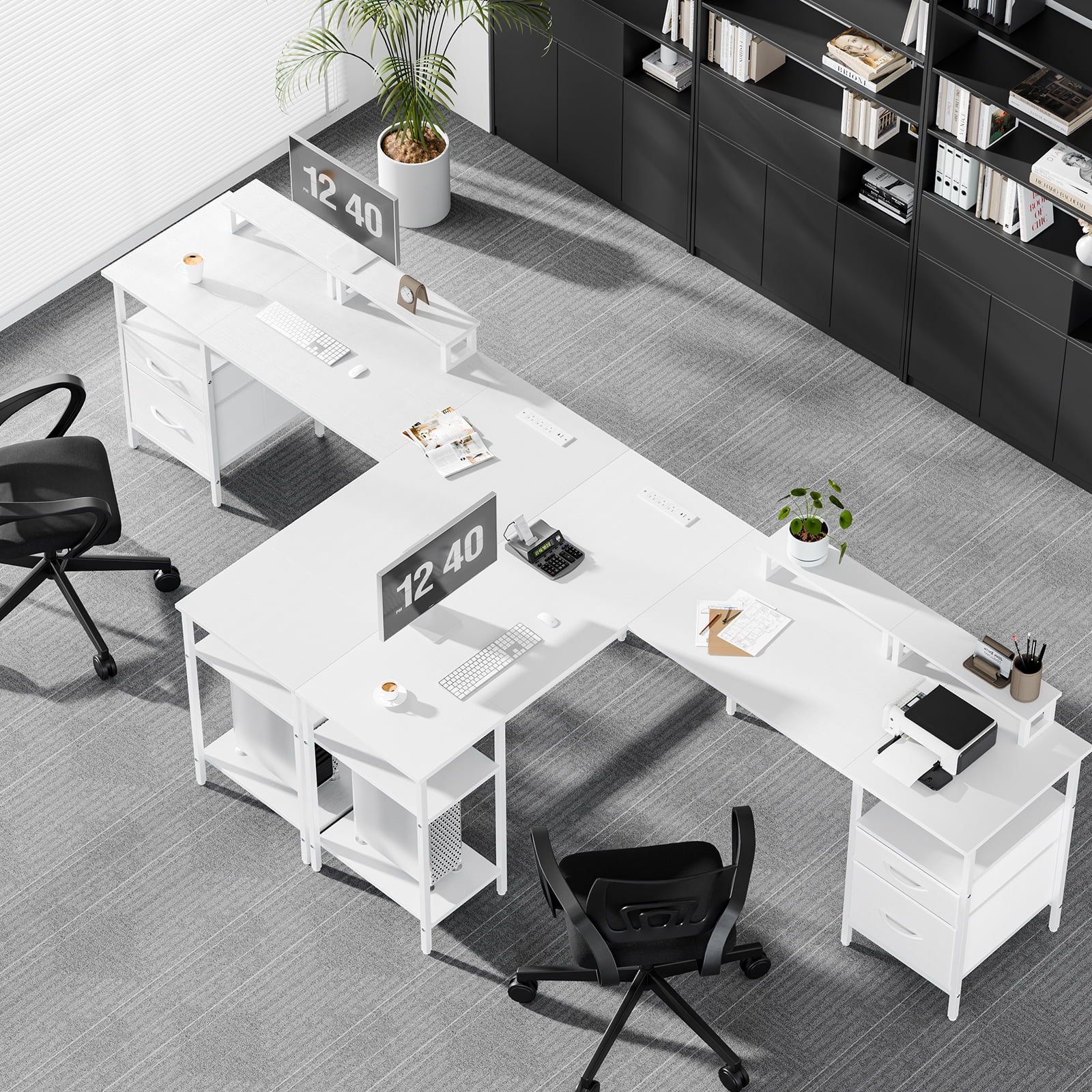 CONCETTA Modern L-Shaped Computer Desk with Power Outlet, Reversible Gaming Desk with Fabric Drawer & 2 Monitor Stands for Home Office, White