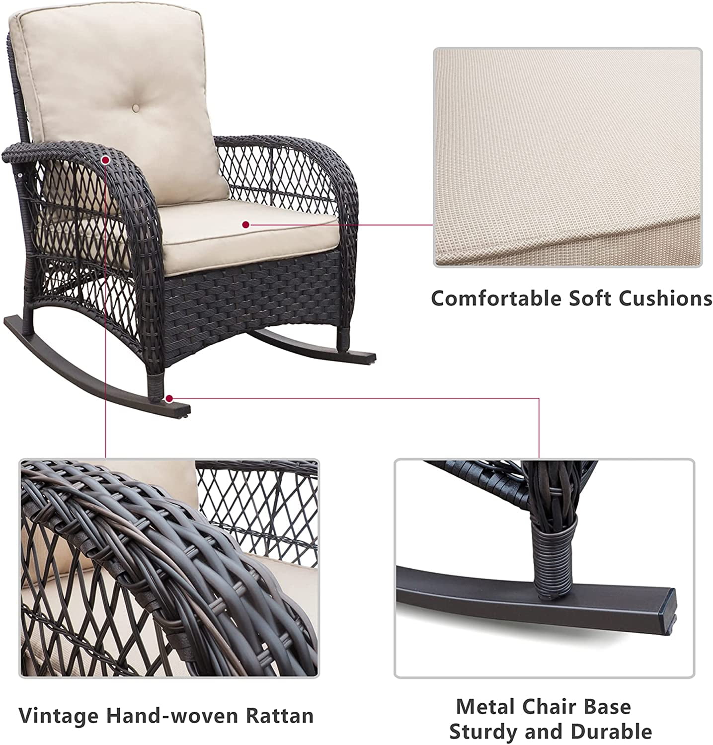ATR 3-Piece Outdoor Patio Wicker Rocking Chairs Set,Rattan Rocker Chair Sets with Side Table for Porch,Khaki