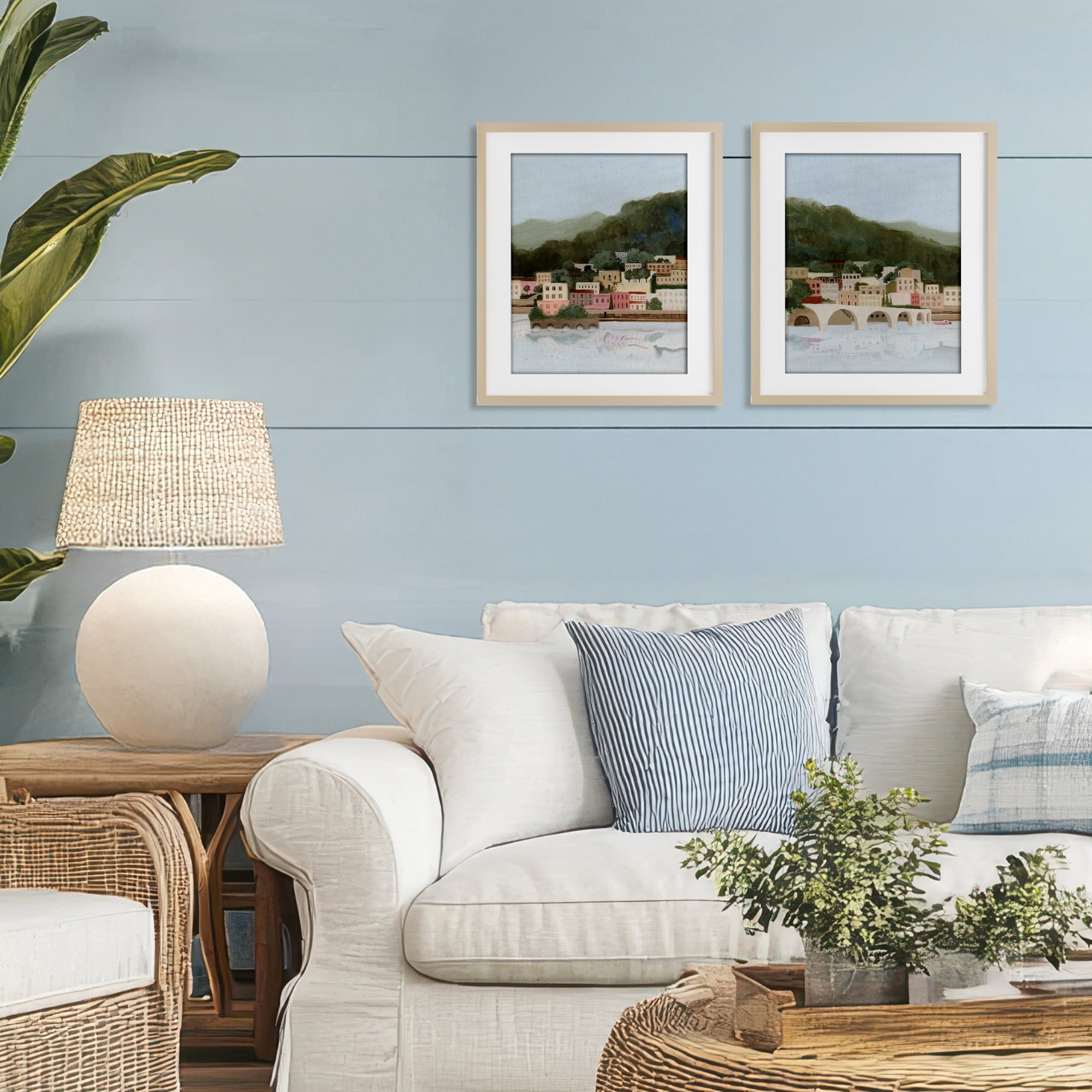 Stupell Industries Mountain Town by Sea 2 Piece Birch Framed Print Under Glass Set, design by Grace Popp