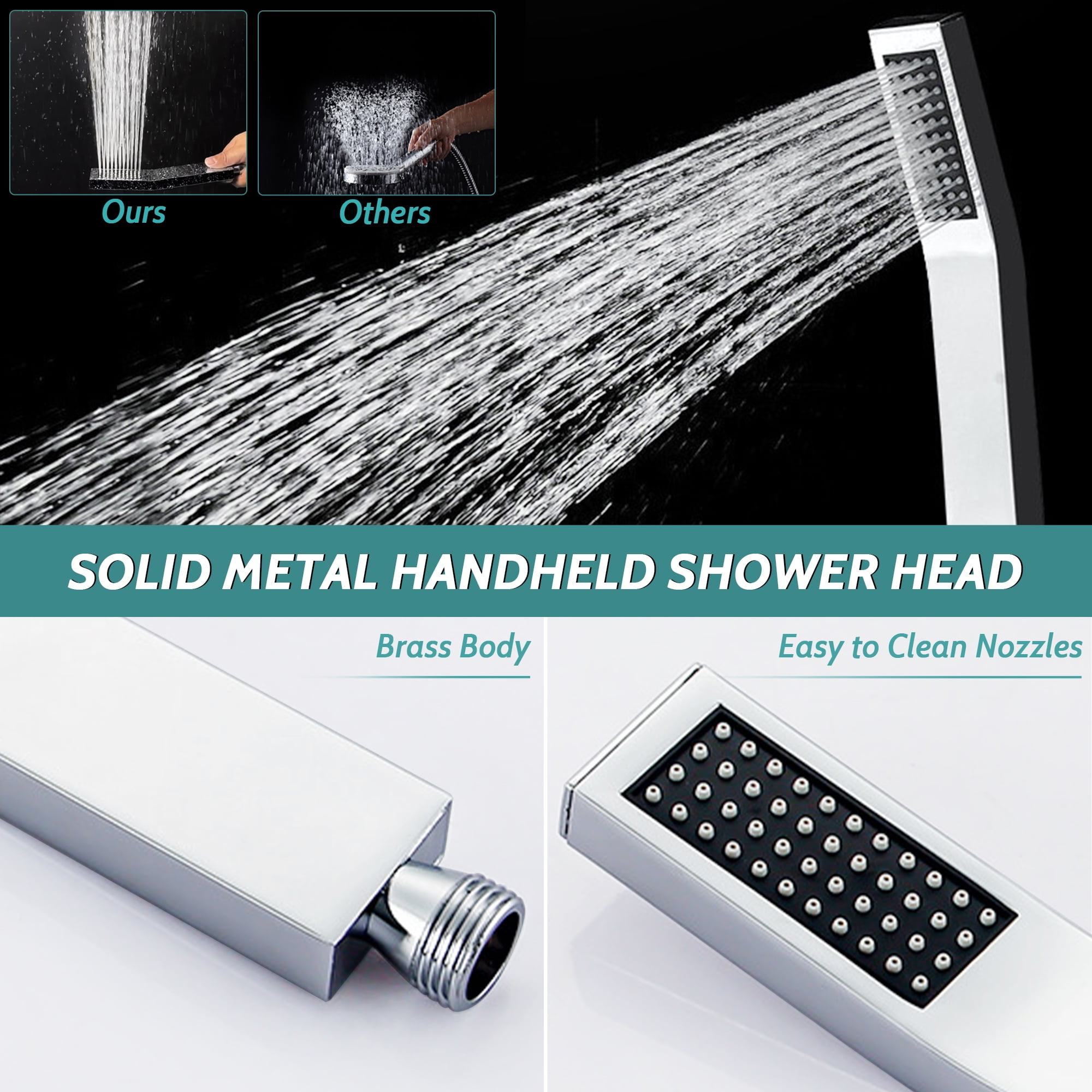 G-Promise All Metal Square 8" Rainfall Shower Head with Handheld Combo, with 71" Extra Long Flexible Hose, Smooth 3-Way Diverter