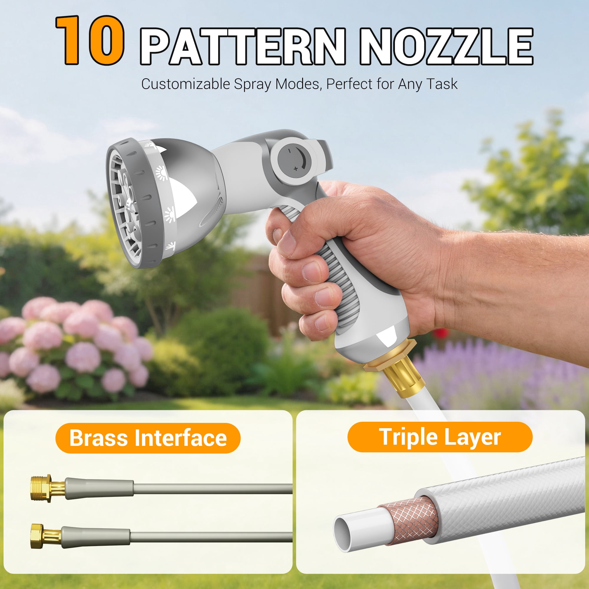 Gewna 1/2 in x 100 ft Retractable Wall Mounted Garden Hose Reel with 10 Pattern Nozzle, Any Length Lock, Slow Return System, 180°Swivel Bracket