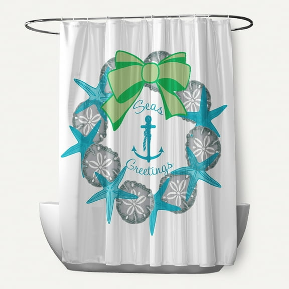 Simply Daisy 70" W x 73" L Seas and Greetings Wreath Polyester Shower Curtain, Turquoise [1 Ct]
