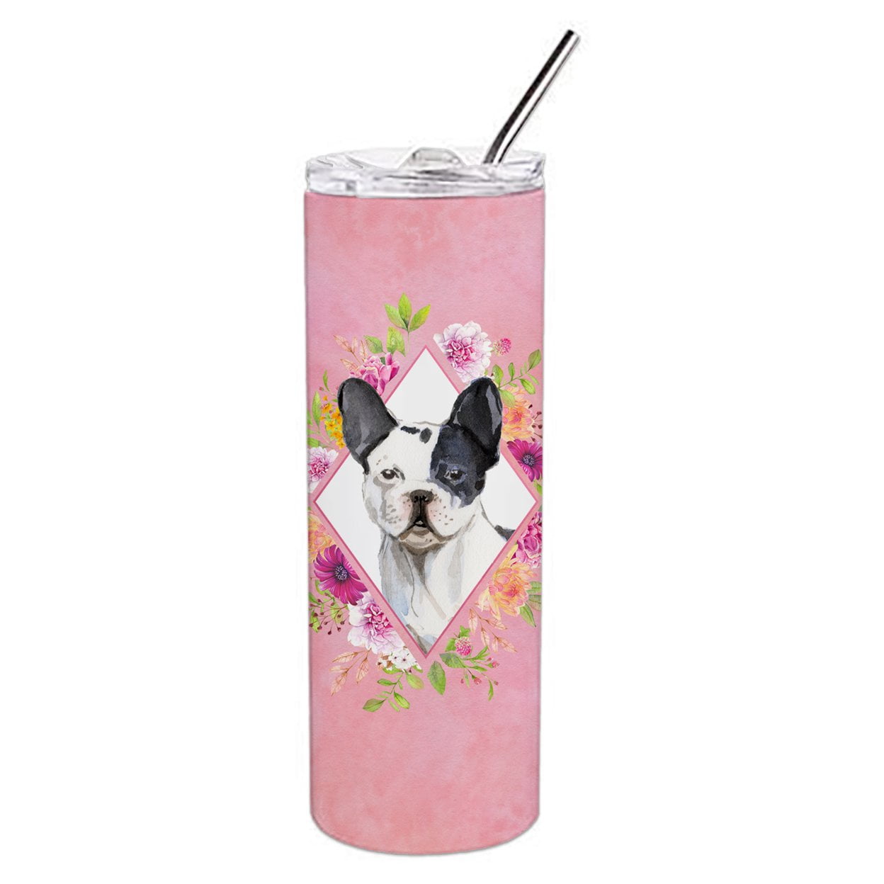 Fawn French Bulldog Pink Flowers Double Walled Stainless  French Bulldog Fawn #3 Stainless Steel 20 oz Skinny Tumbler, Pink main image 2