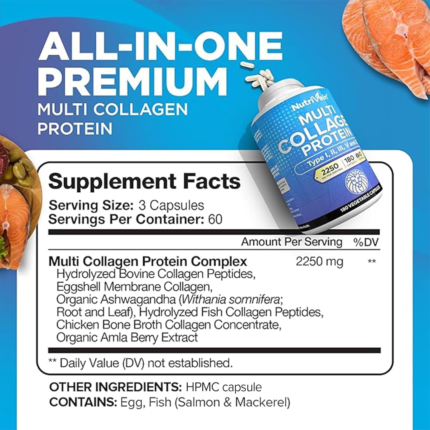 NutriVein Multi Collagen 2250 mg – Joints, Hair, Skin & Nails, 180 Capsules