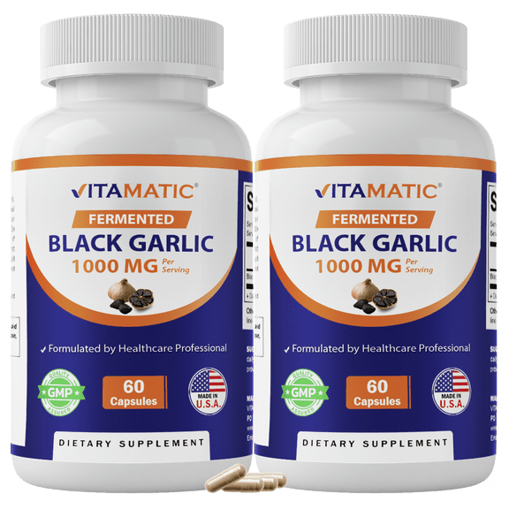2 Pack - Vitamatic Fermented Black Garlic Extract 1000 mg 60 Capsules - Non-GMO, Gluten Free - Antioxidant and Cholesterol Support (Total 120 Capsules) 1000mg