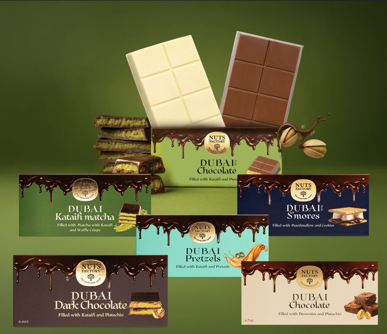 Nuts Factory Dubai Chocolate Bars. RANKED # 1 IN THE WORLD! 5 Premium Bar Gift Pack Bundle