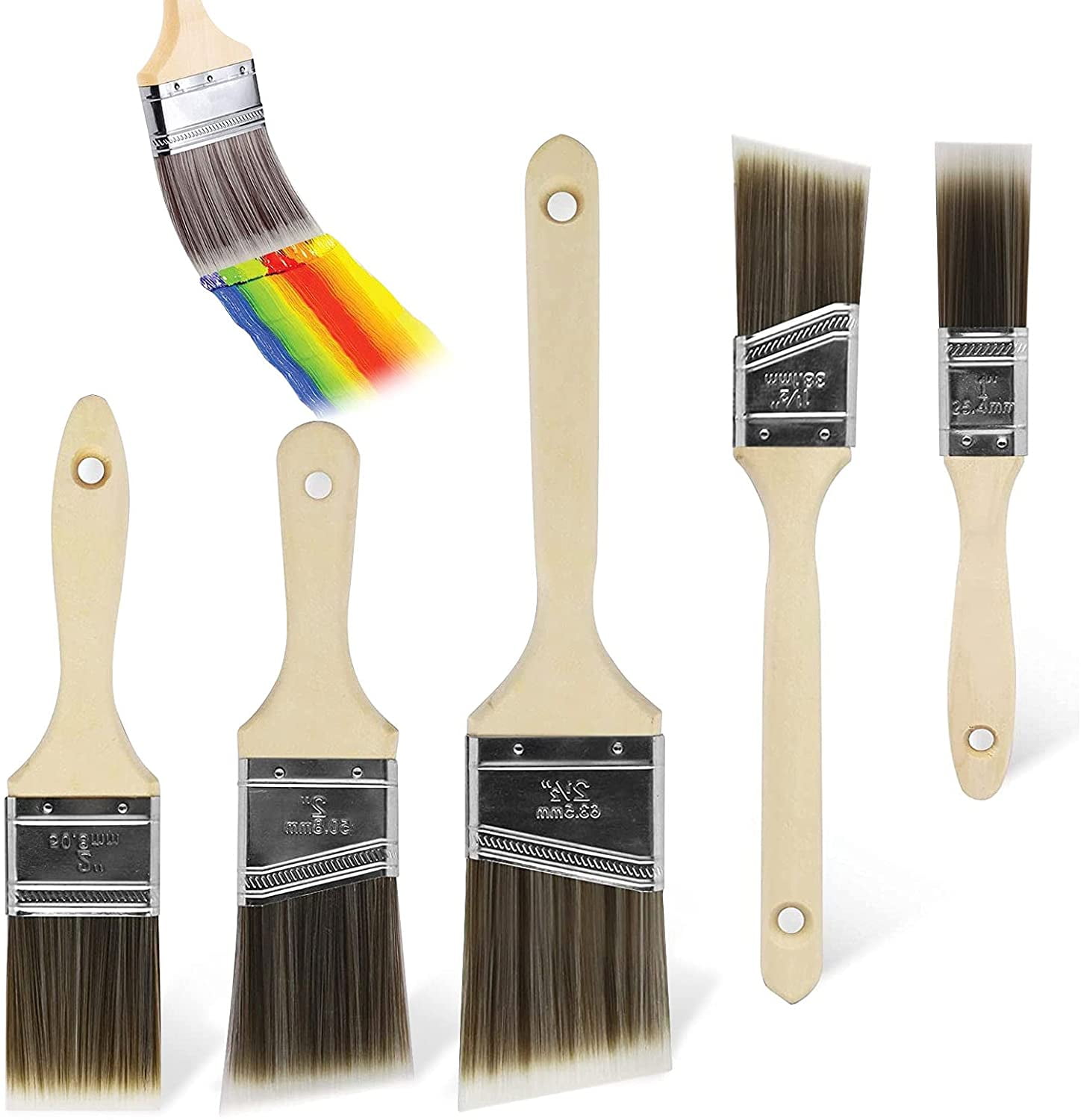 ValueMax Paint Brushes Set 6-Pack, Professional Wall Brush, Deck Stain Brush, Flat Small Paintbrushes, Thick Poly Bristles, Ergonomic Handle, for