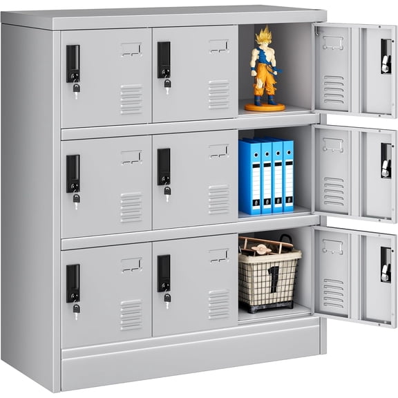 INTERGREAT Metal Locker, 9 Door Storage Locker for Employees for Office, Lockable Steel Locker Cabinet for Home, Garage, Gym, School(Grey)