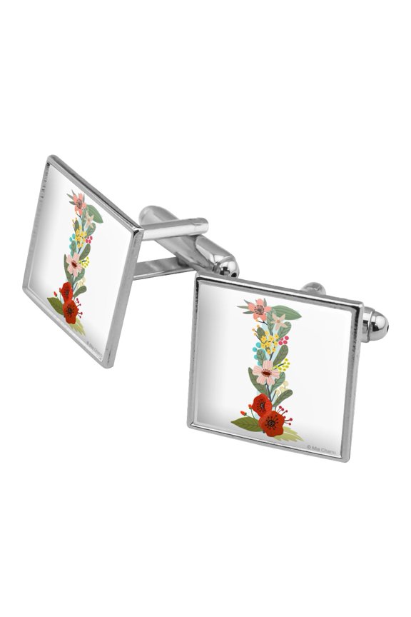Letter I Floral Monogram Initial Square Cufflink Set - Silver or Gold