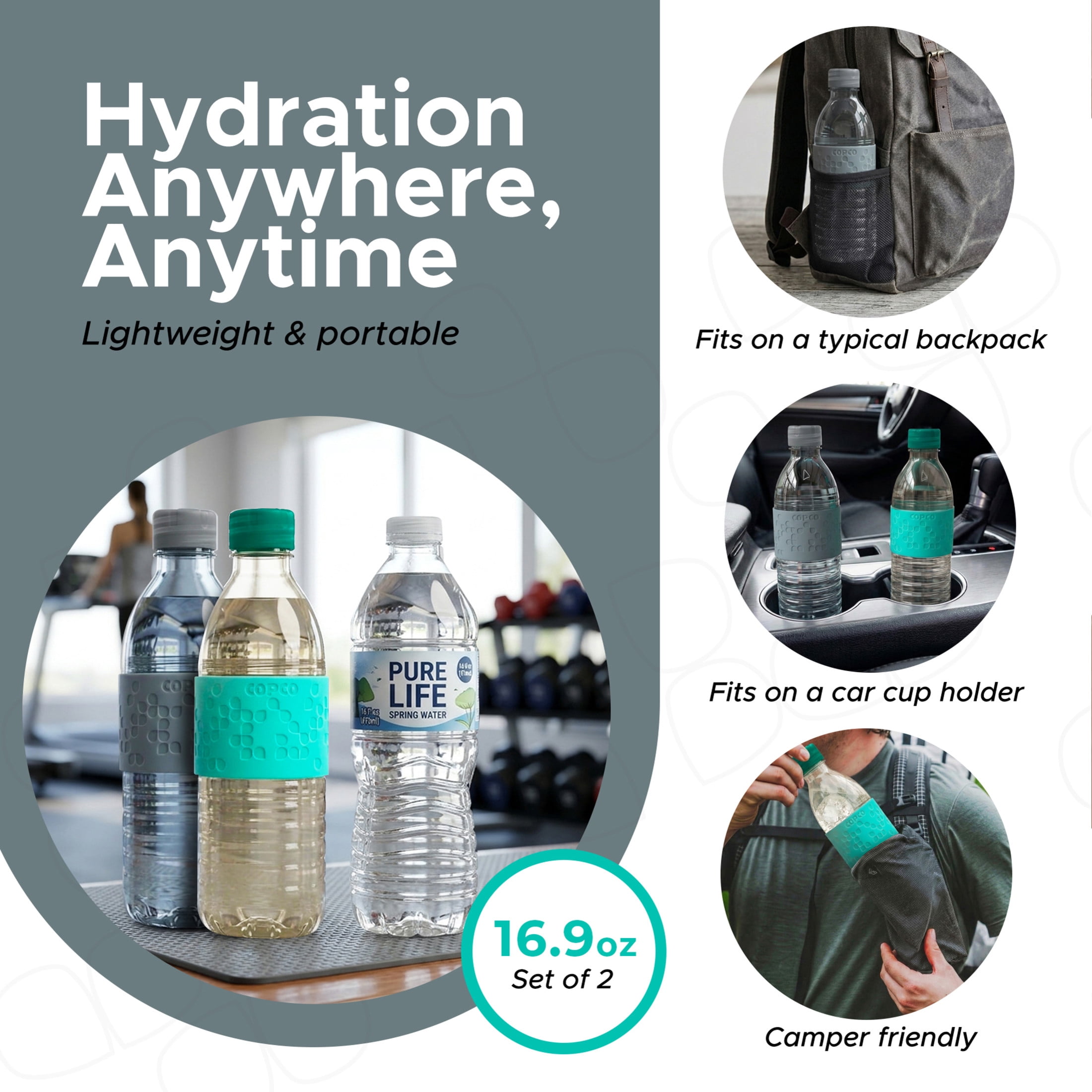 Copco Hydra 16.9 oz Water Bottle, Set of 2 - Gray & Teal, Gray/Teal