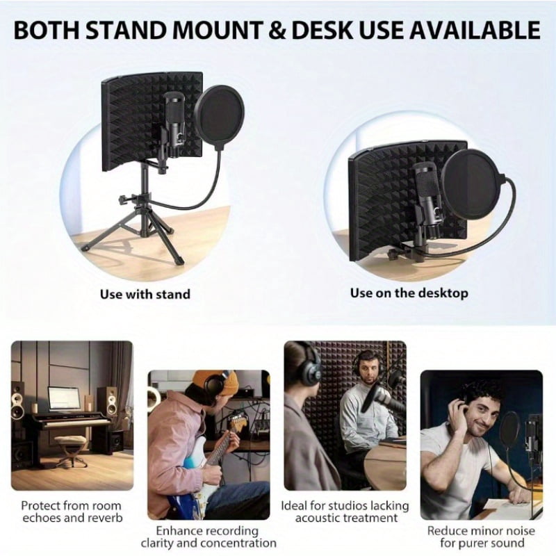 Professional Studio Microphone Windscreen with Metal Stand & Pop Filter - Noise Reduction Foam Cover for Podcasting, Recording, Singing, Voiceover - Durable Metal Bracket & ABS Soundproofing Net