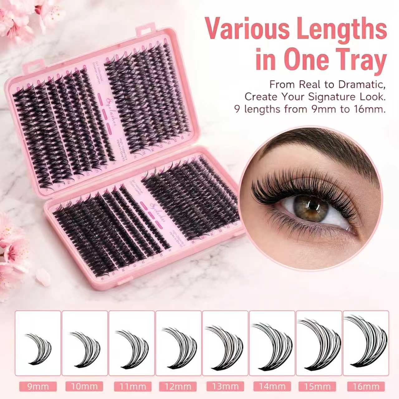 Lash Clusters Kit, 640pcs Individual Eyelash Extension Kit 30D/40D/50D/60D, 9-16mm Mixed Lengths, DIY False Eyelashes