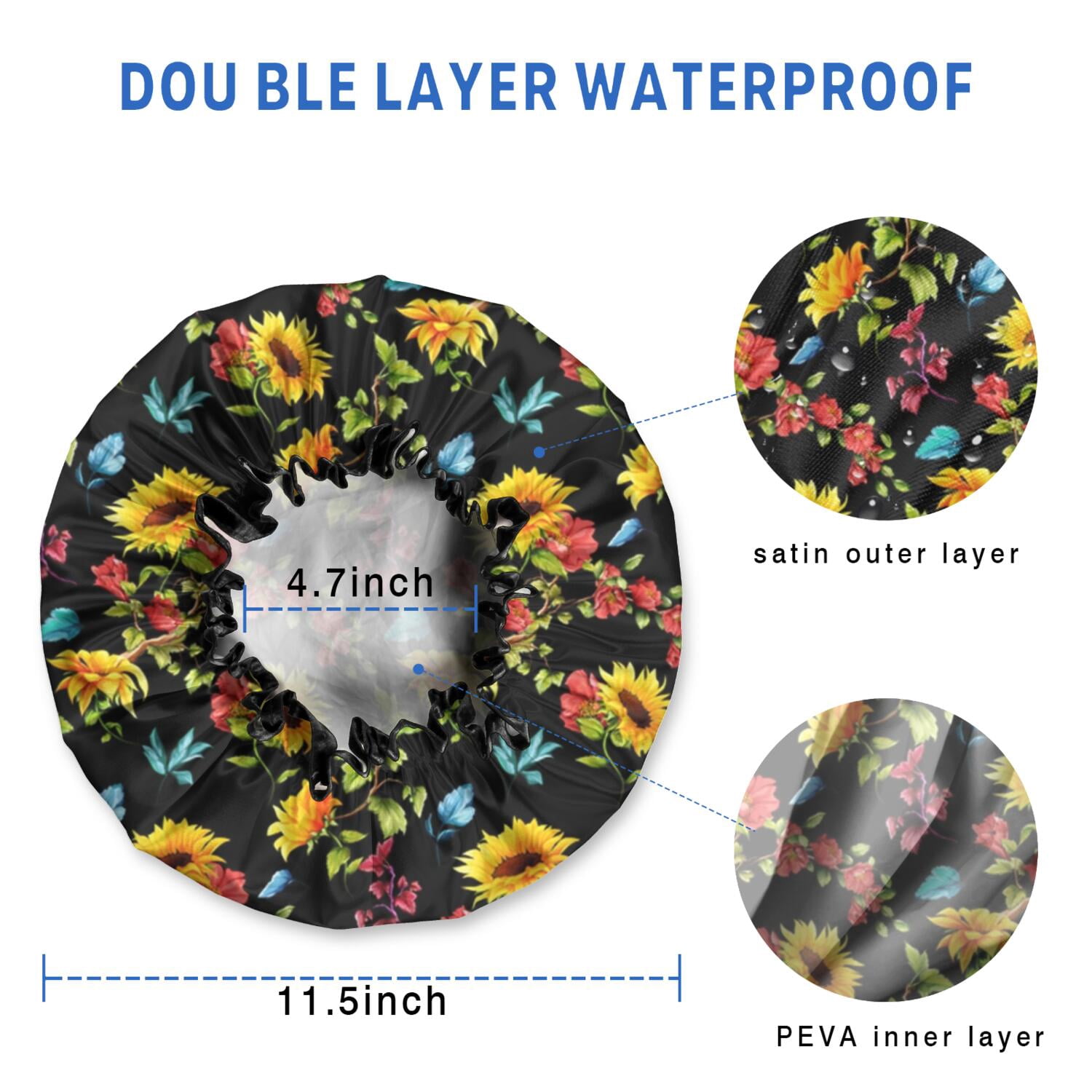 Shower Caps,Black Colorful Flower Sunflower Pattern Waterproof Shower Cap for Women 4 Pieces,Double Reusable Hair Cover for Shower PEVA Elastic Stretch Hem