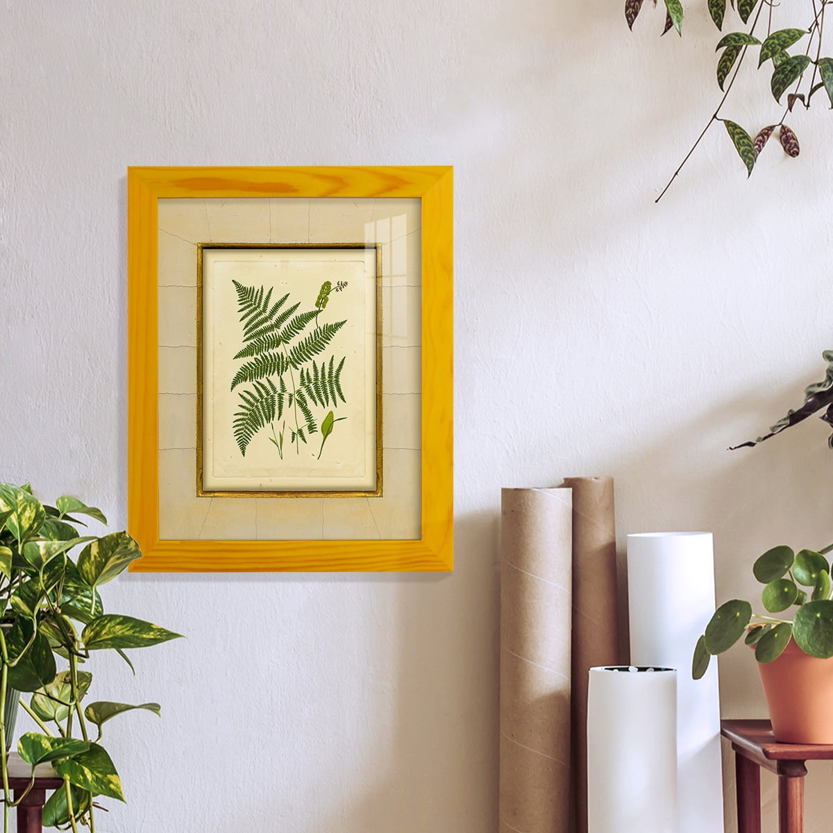 Fern with Crackle Mat (H) IV - Framed Print w/glass - Sunflower Yellow