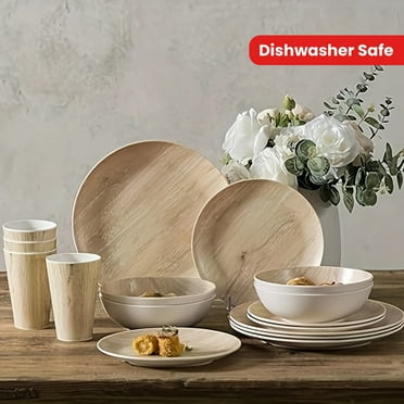 [Non-breakable Melamine Set] 16 Pcs Non-breakable Lightweight Melamine Dinnerware Set - Service For 4, Woodland Plates Set With Bowls And Cups, Dishwasher Safe, Wood Grain