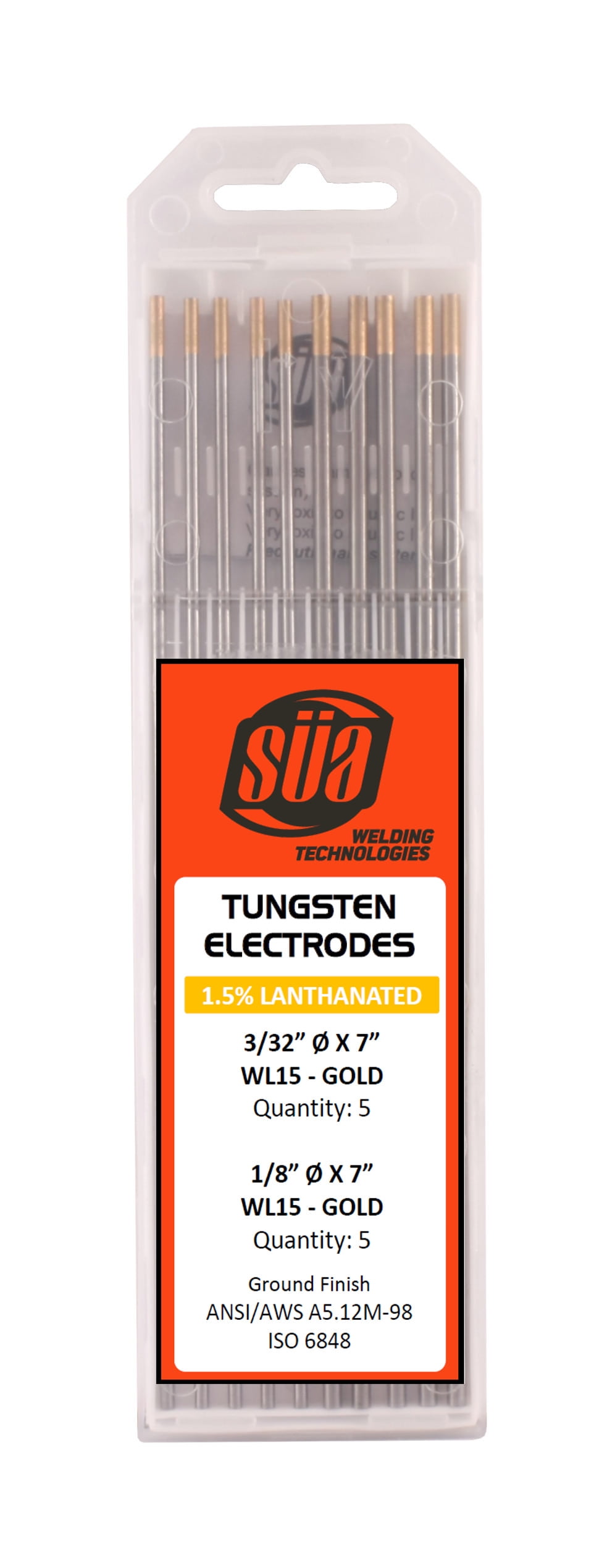 1//16/" /& 3//32/" x 7/" Gold Tip SÜA 1.5/% Lanthanated Tungsten Electrode Mixed Sizes