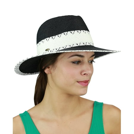 C.C Two Tone Weaved Wide Band and Brim Panama Fedora Summer Sun Hat,