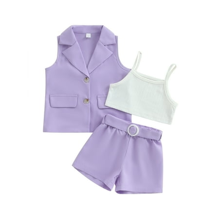 

Sunisery 3Pcs Little Girls Summer Vest Shorts Outfits Sleeveless Blazer + Cami Tops + Shorts Set Kids Suits Purple 4-5 Years