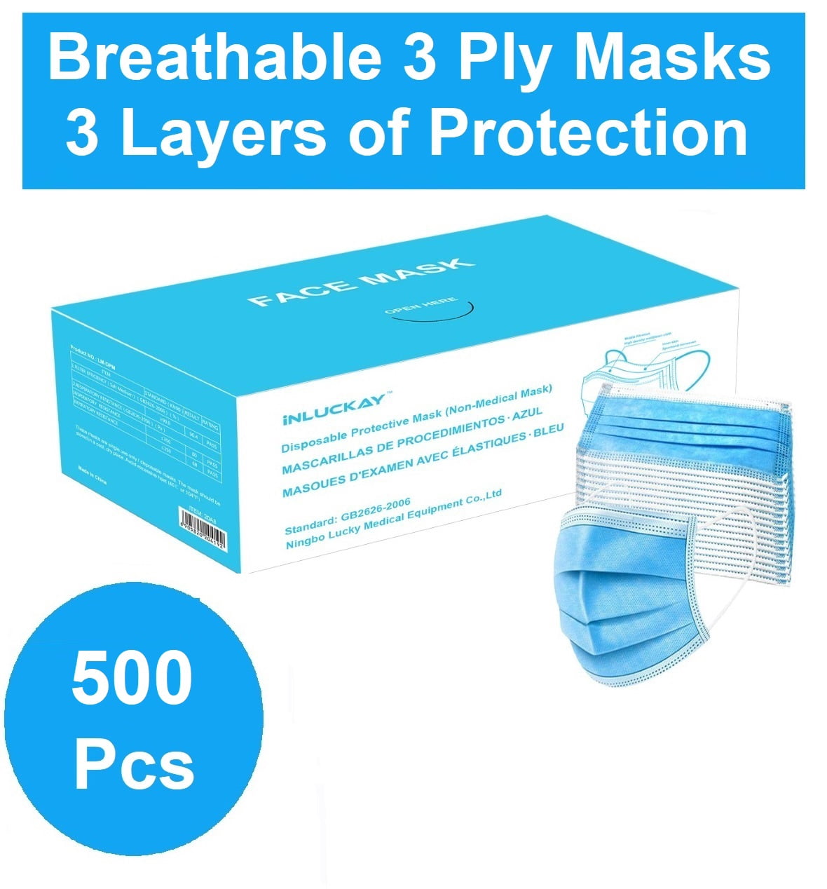 Disposable Face Mask - 500 Pack - Disposable Face Masks, 3-ply Elastic Ear Loop Filter Mask