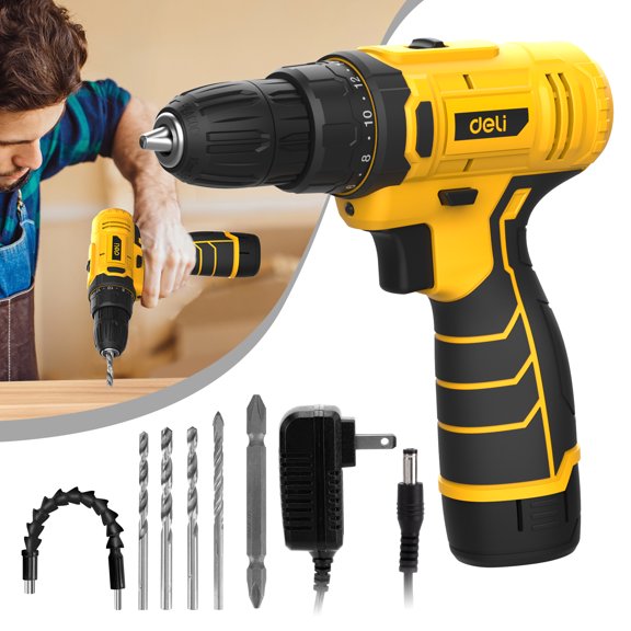 Deli 12V Max Lithium-Ion Cordless Impact Drill Driver Set, Electric Screwdriver Driver Tool Kit, 3/8" Keyless Chuck,With 2.0Ah Battery,Charger