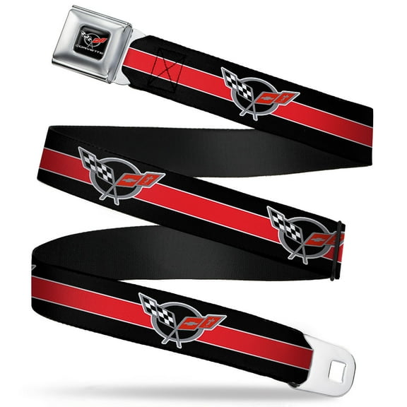 GM General Motors Belt, Seatbelt Buckle Belt, Corvette C5 Logo Stripe Black White Red Gray Repeat, 24 to 38 Inches