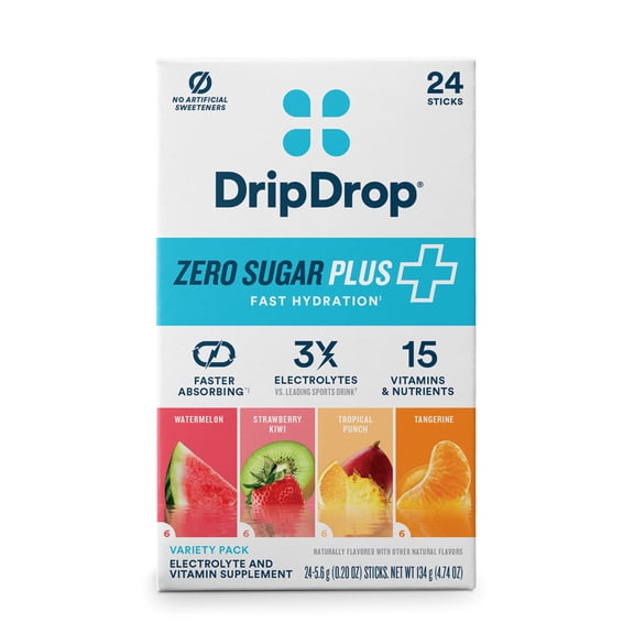 DripDrop Zero Sugar Fast Hydration - Sampler Variety Electrolyte Powder Drink Mix, 24 Count