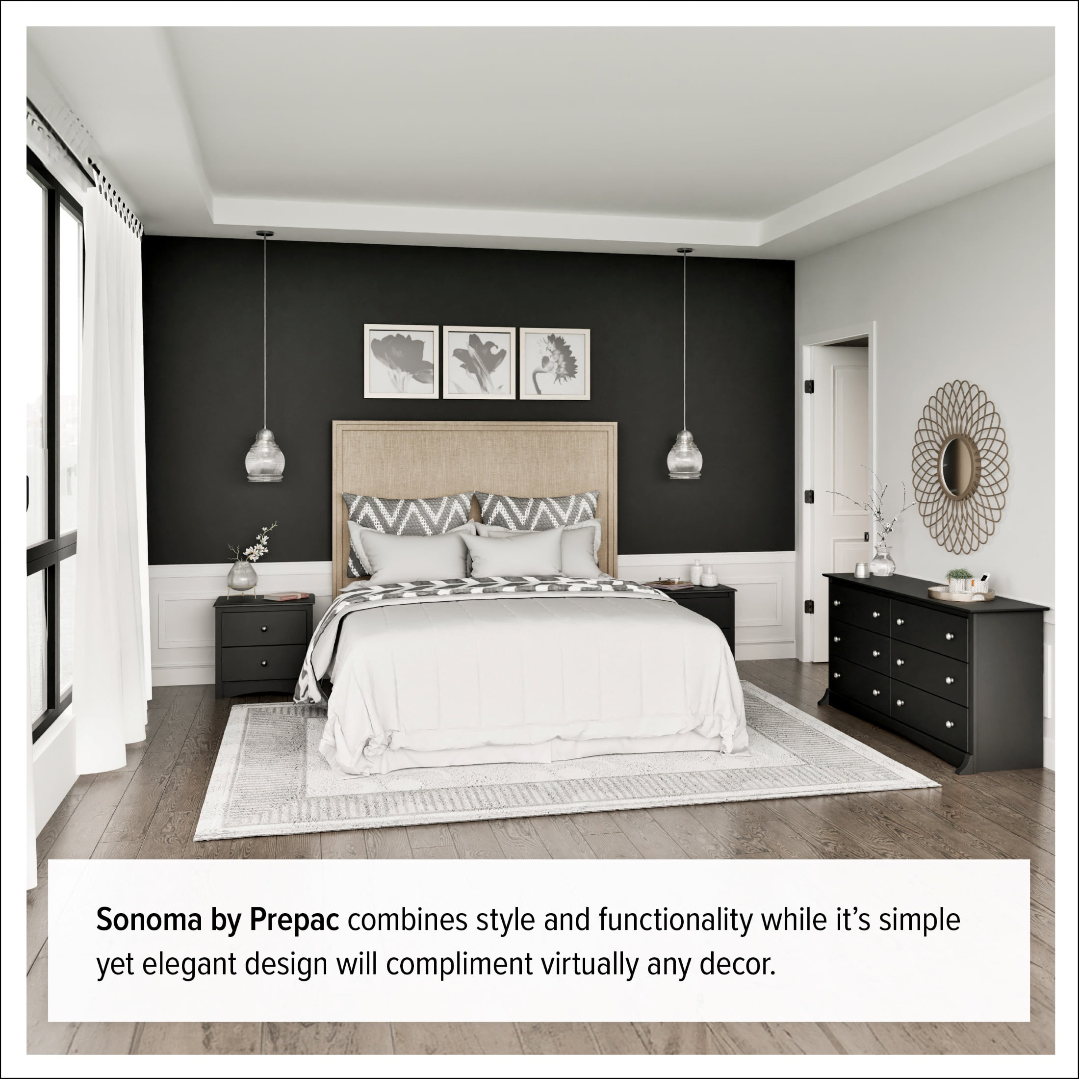 Prepac Sonoma Wardrobe Cabinet: Armoire Dresser for Bedroom with Adjustable Shelf. Features 2-Door Wardrobe Closet & 2 Drawers, Ideal Closet for Bedroom, 22"Dx31.5"Wx58.75"H, Black - BDC-3359-K