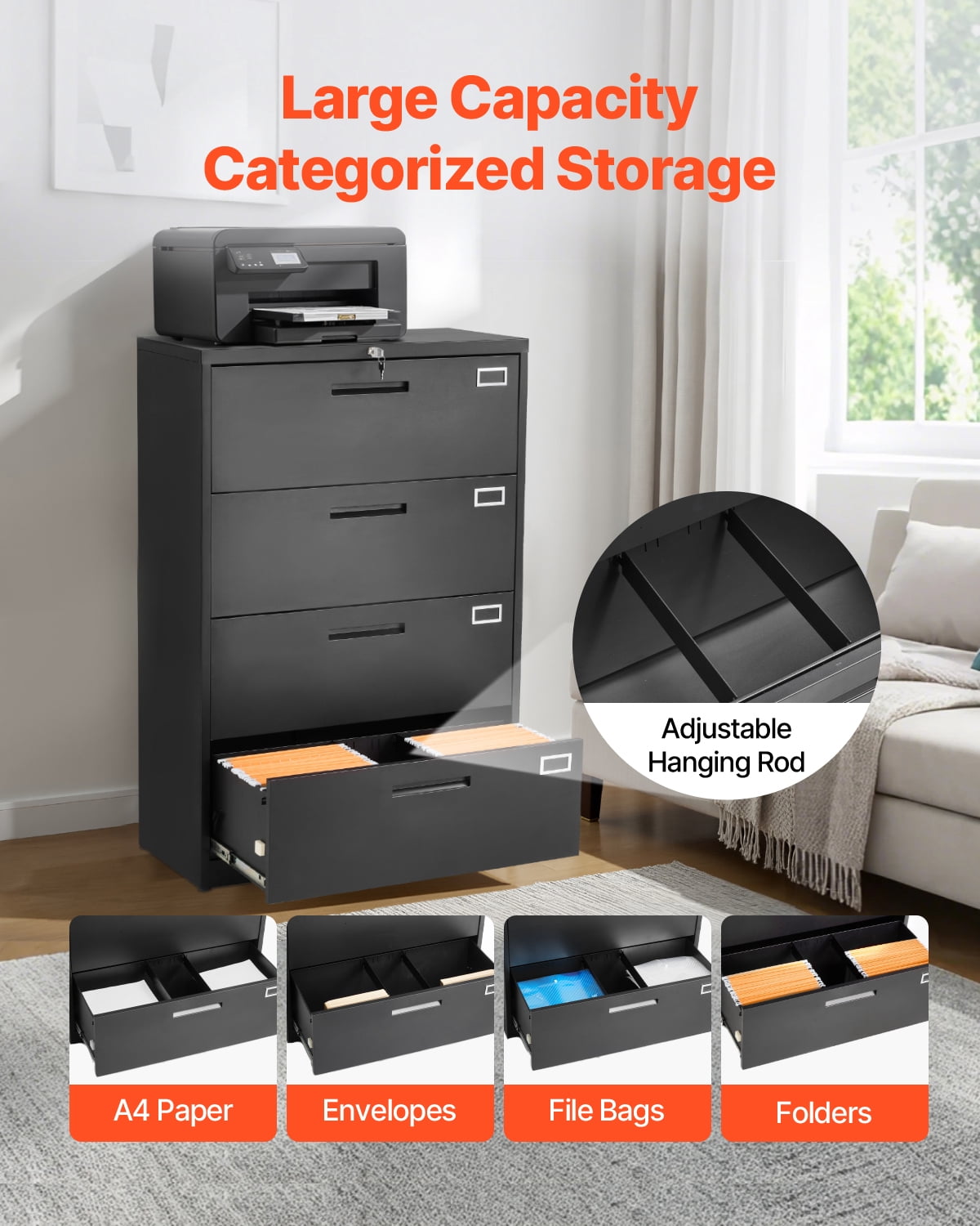 VEVOR 4 Drawers Metal File Cabinet, Vertical Filing Cabinet with Lock and Adjustable Hanging Rod, Tall Filing Storage Cabinets for Home and Office Fit Letter,A4,Legal Size File,Easy Assembly,Black