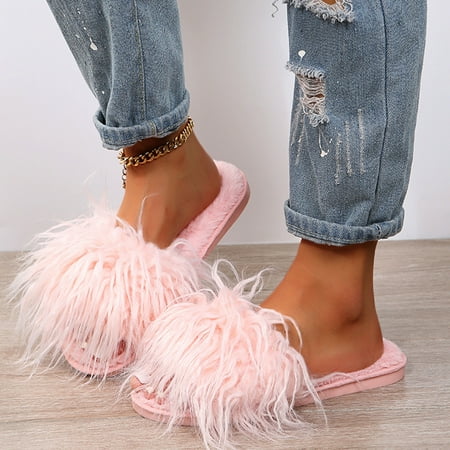 

Women s Fashion Plush Open-Toe Solid Color Warm Flat Cotton Slippers