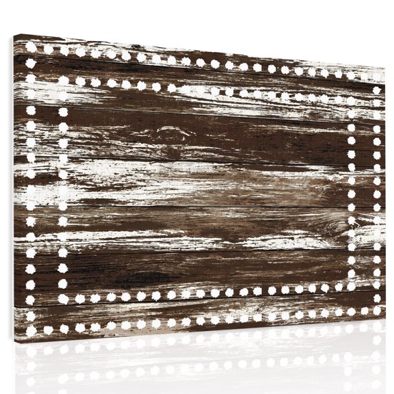 Brown Wood Grain Canvas Print Wall Art Wooden Stripes Square Frames White Dotted Borders Wall Decor Modern Artwork Paintings Pictures for Living Room Stretched Ready to Hang - 12" x 16"