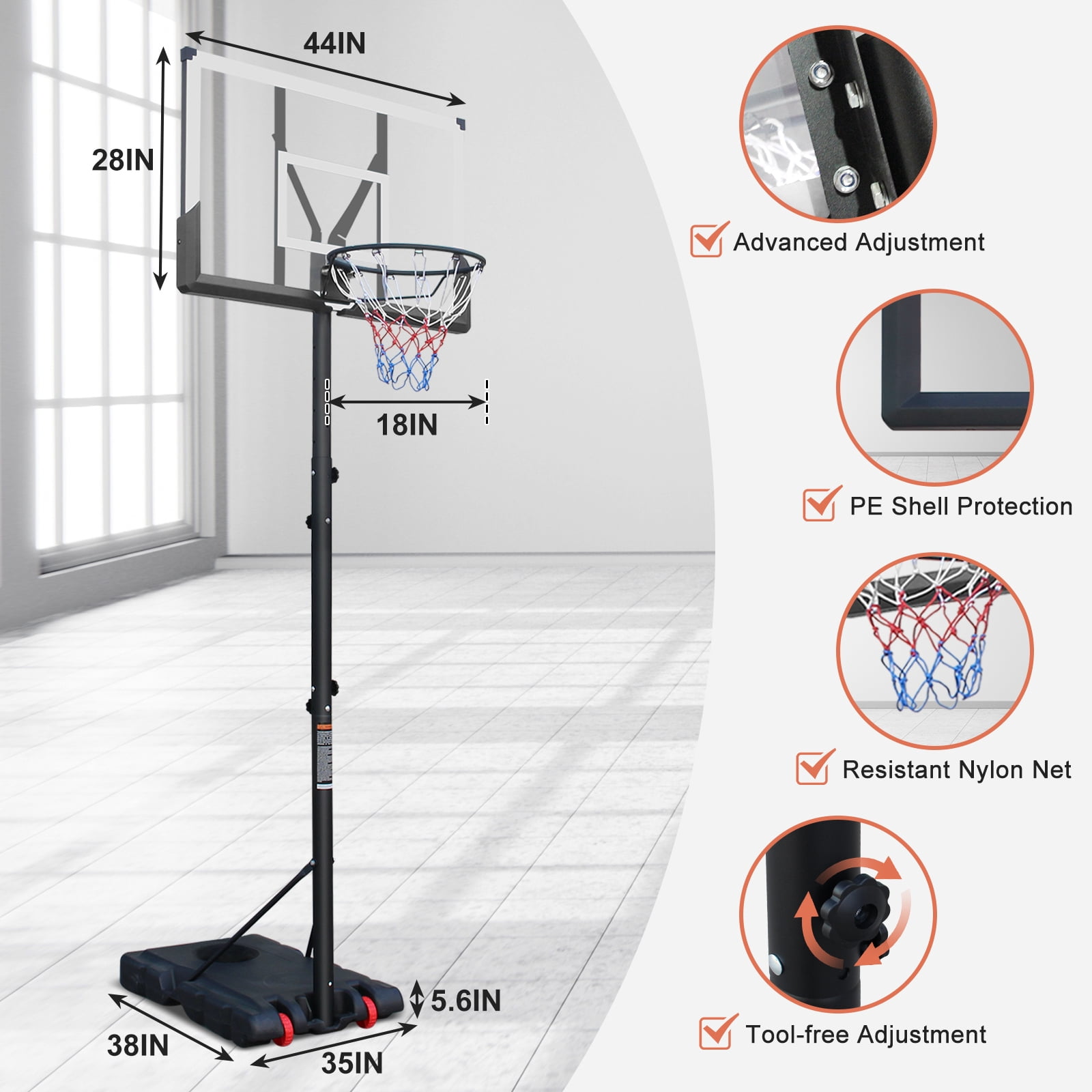 Adjustable Basketball Hoop, 5.7-10ft Height, Shatterproof Backboard, Portable Stand, Indoor & Outdoor