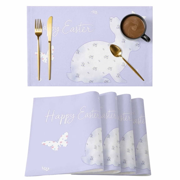 Easter Bunny Placemats Set of 4, Watercolor Butterfly Cute Rabbit Flowers Purple Placemats for Dining Table, Place Mats for Kitchen Tabletop, Waterproof Wipeable Dining Table Mats Set