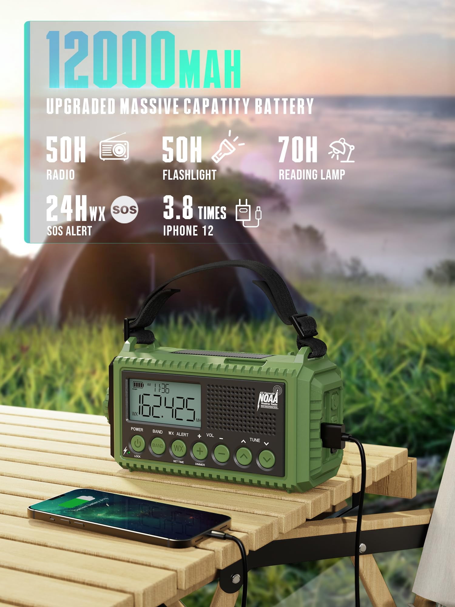 12000mah Emergency Radio - Auto Noaa Weather Alert  Solar Hand Crank Am/fm/sw/noaa Flashlight Phone Sos Siren Kit For Camping Storms Power Outages