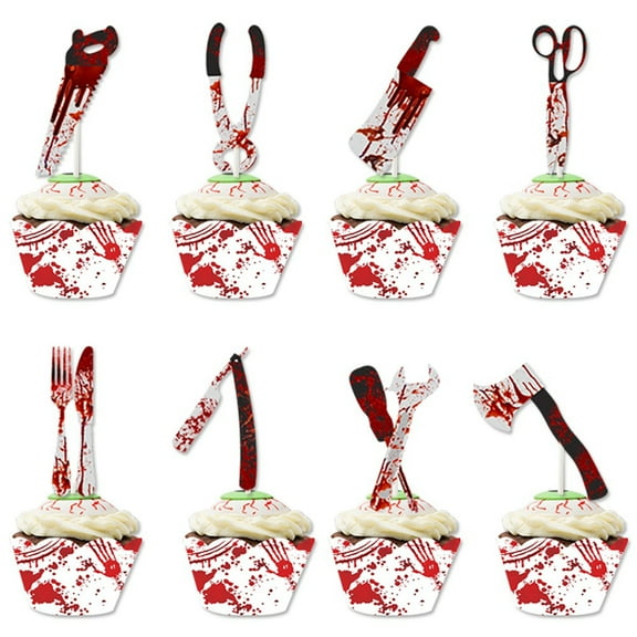 16Set Bloody Cupcake Toppers with Cake Surrounds for Halloween Party Scary Cutters Tools Pattern Horror Themed Birthday Decorations, Nightmare Before Christmas Cake Topper