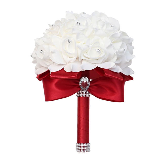 Qarigey Ramos de novia elegantes - Materiales de apariencia realista Flores Ramo de novia Decoración de boda Cinta roja vino Type3 NO3