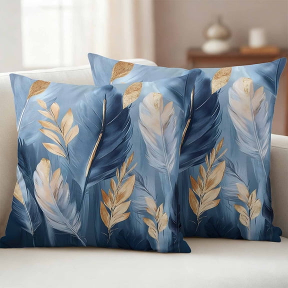 Pack of 2 Outdoor Pillow Covers 18x18 Inch Waterproof Blue Gold Feather Throw Pillow Covers,Decorative Couch Pillow Shams Protectors Modern Oil Painting Gradient White Patio Cushion Pillowcases