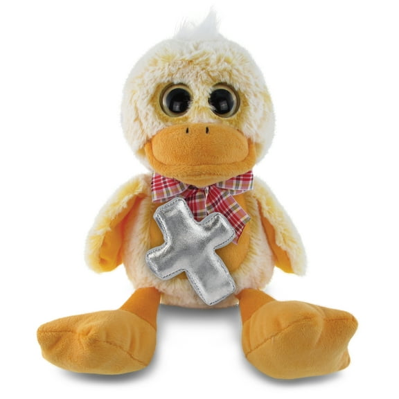 DolliBu Super Soft Sitting Duck Stuffed Animal with Silver Cross Plush - Religious Baby Baptism Gifts for Boys and Girls, Dedication Christening Gifts Plush Prayer Toy Healing Teddy Bear - 9 Inches