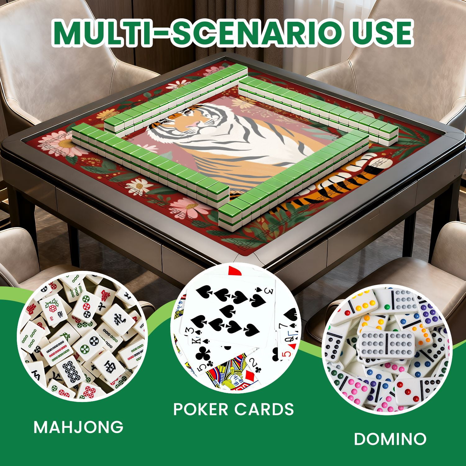 Mahjong Mat 31.5" x 31.5" Majestic Tiger Sitting Among Colorful Flowers Red Illustrated Nature Non-Slip Noise Reduction American Mahjong Tiles Table Cover for Dominoes Poker Card Board Games Gift