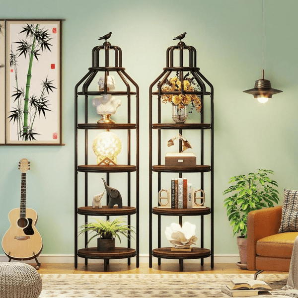 4-Tier Birdcage-Shaped Corner Bookshelf, Vintage Wood Grain & Black Metal Frame, 25lbs/Shelf, Multi-Functional for Living Room/Bedroom/Balcony