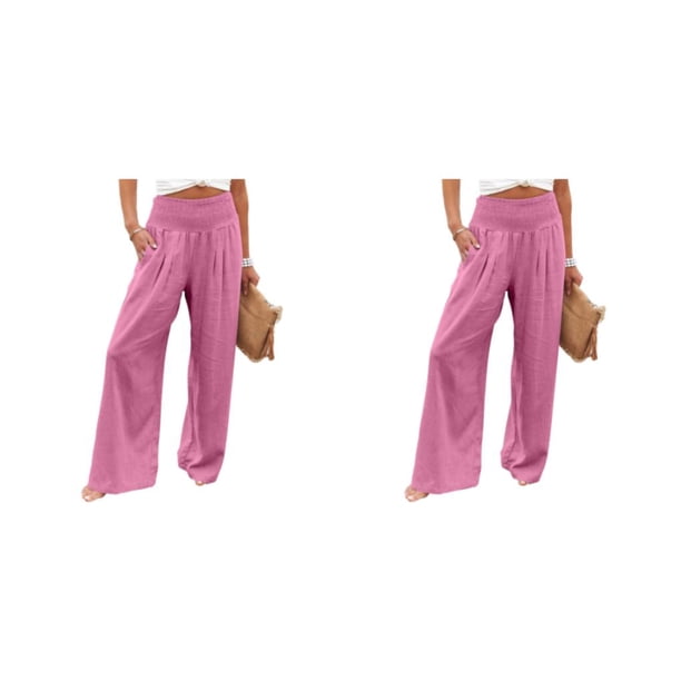 Pantalones de Mujer Sonducket de Algodón y lino Rosa S con bolsillos Largo Suelto Pierna Ancha